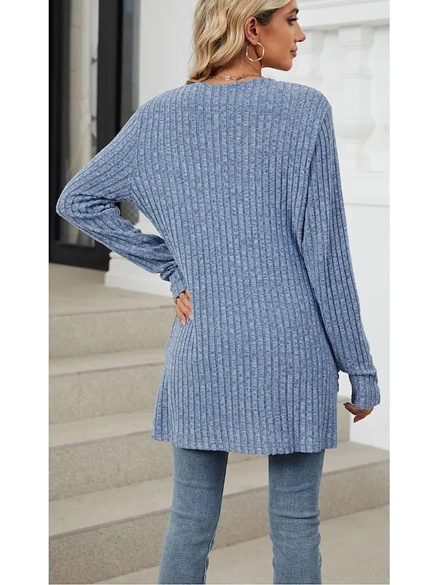 Women's Cardigan Open Front Ribbed Knit Pocket Spring Fall Work Daily Elegant Casual Long Sleeve Solid Color Black Army Green