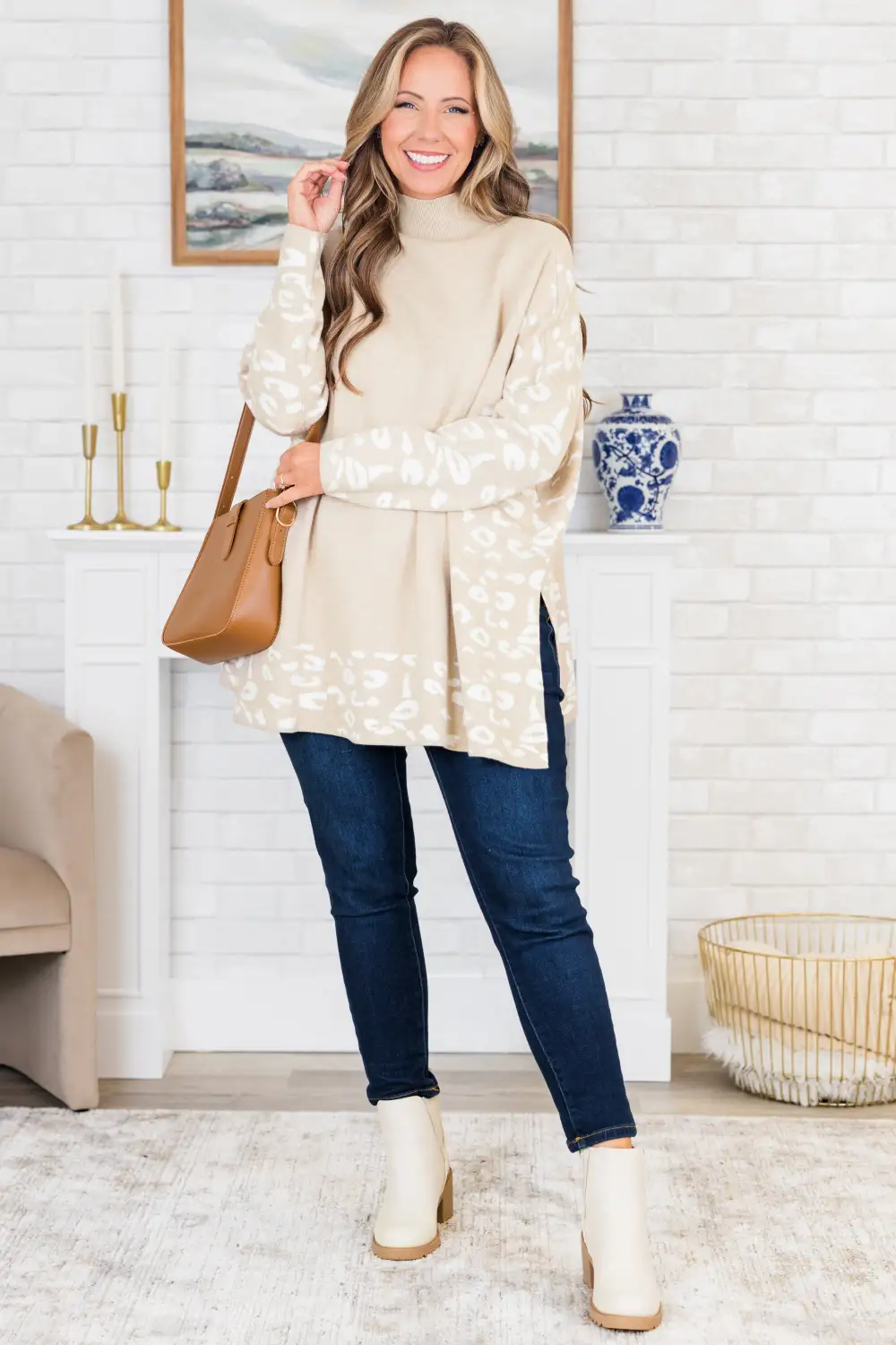 Time To Walk Away Sweater Tunic, Taupe-White