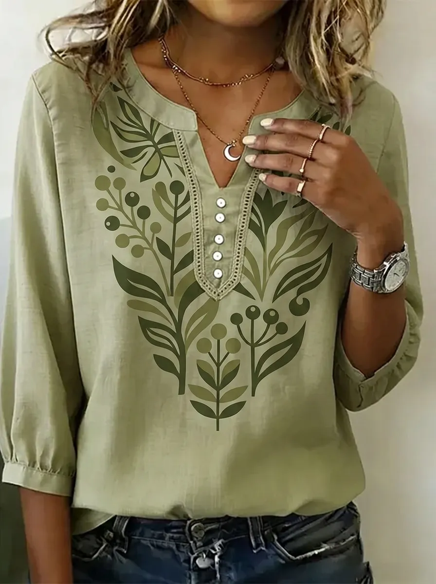 Women's Nashville Botanical Leaf Printed V-neck Top