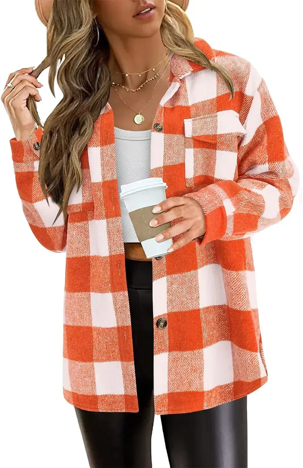 Women's 2023 Fall Clothes Plaid Shacket Jacket Long Sleeve Button Down Flannel Shirts Fashion Blouse