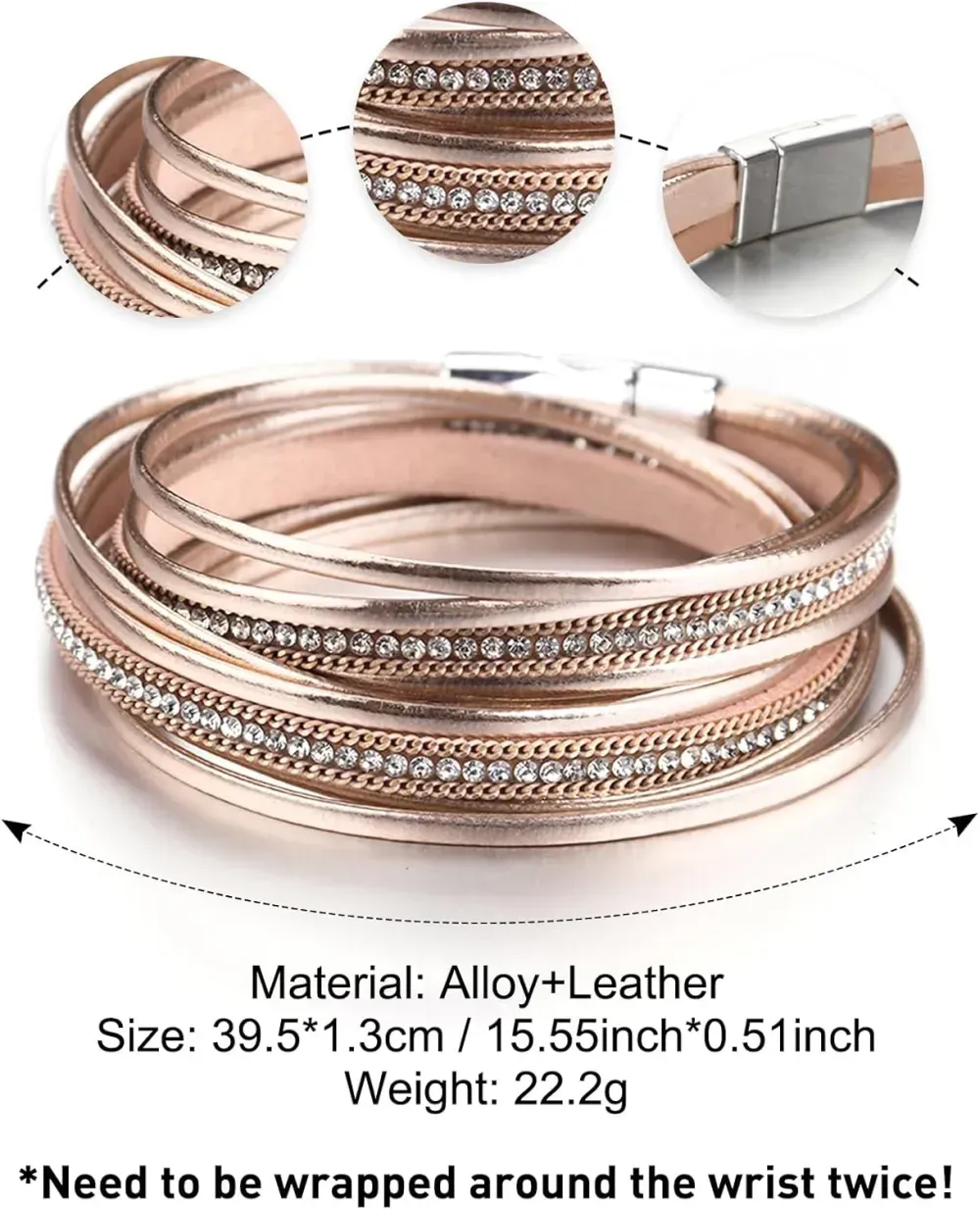 Fesciory Leather Wrap Bracelets for Women, Boho Leopard Multi-Layer Crystal Beads Cuff Bracelet Jewelry