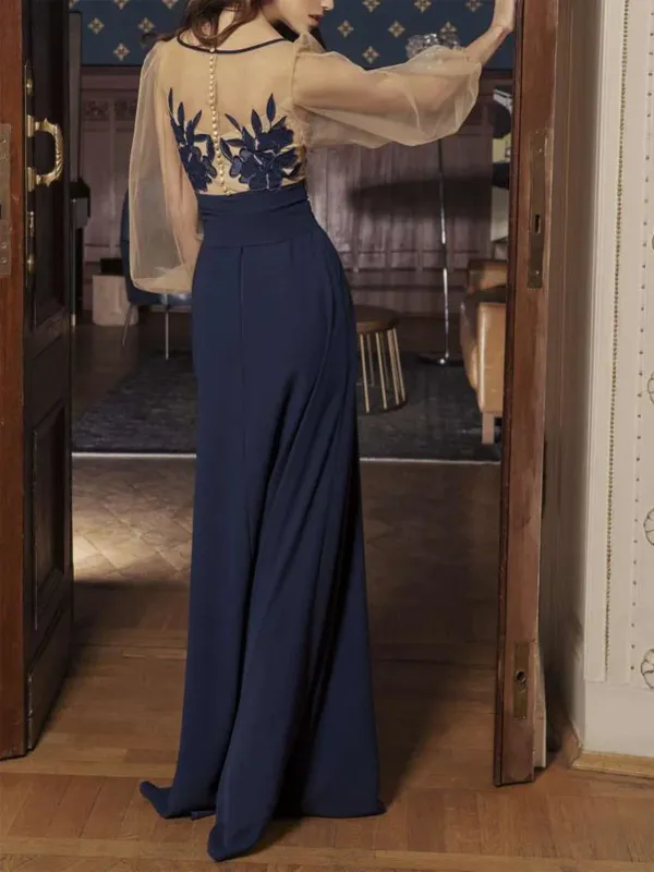 Women's Blue Lace Embroidery Slit Sexy Dress