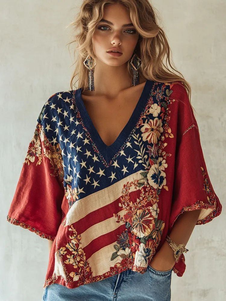 Women's Independence Day Floral Flower Art Linen Blend V-neck T-shirt