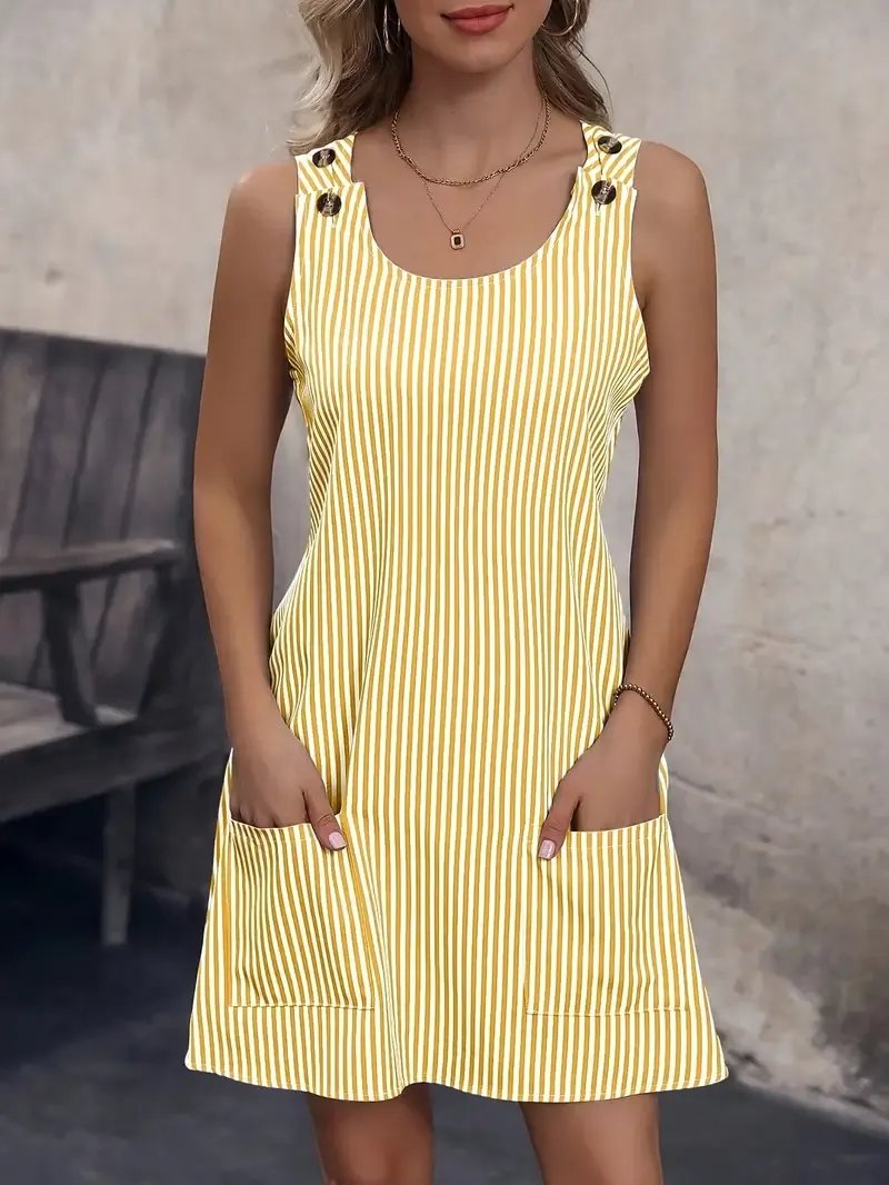 Women'S Sleeveless Striped Print Tunic Dress with Pockets, 100% Polyester, Crew Neck, Summer Wear, Woven Fabric, 110g/m² - All Seasons