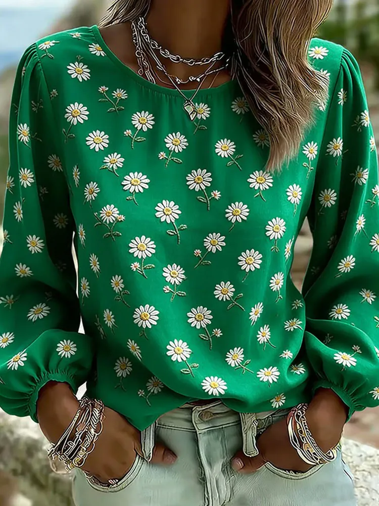 Women'S Floral Art Printed Casual Long Sleeved Shirt