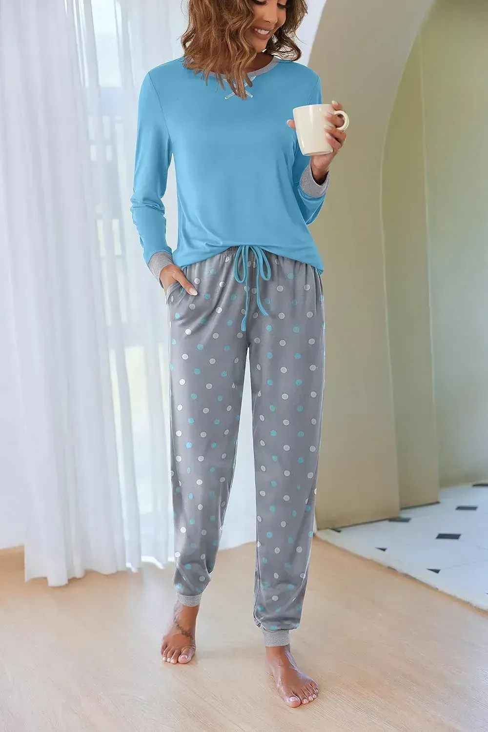 Women's Pajamas Sets Long Sleeve with Plaid Pants Soft Sleepwear O Neck 2 Piece Pjs Joggers Loung Set with Pockets