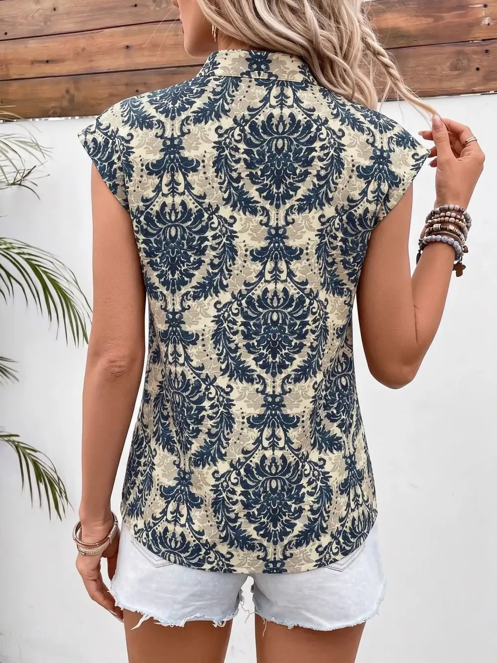 Damask Print Cap Sleeve Blouse