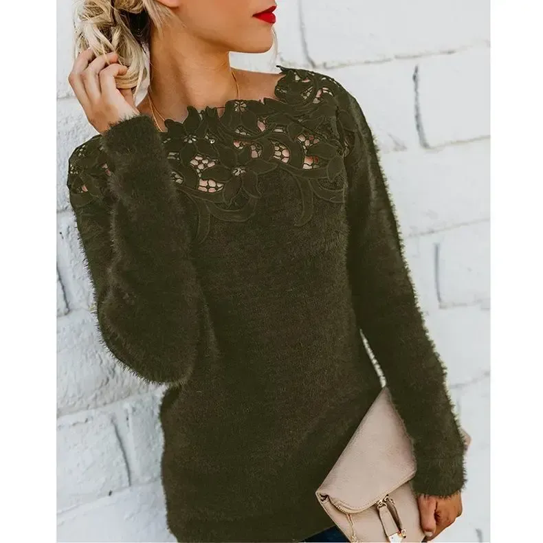 Solid Lace Splice Long Sleeve Plush Sweater