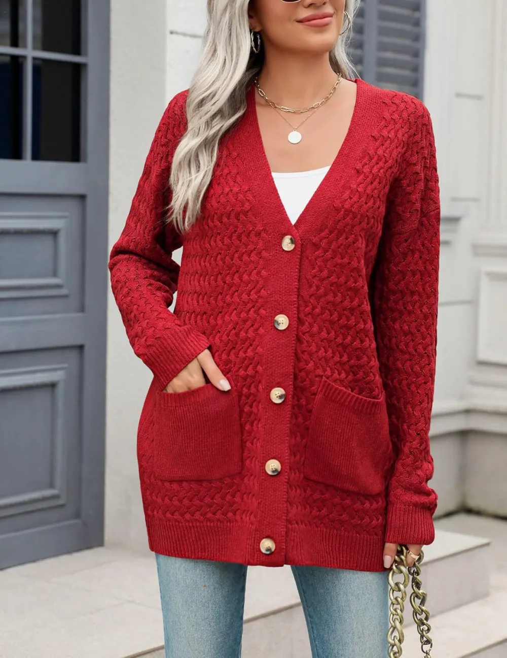 Womens 2024 Long Sleeve Chunky Cable Knit Fall Cardigans Sweaters Button Down Open Front Outerwear with Pockets