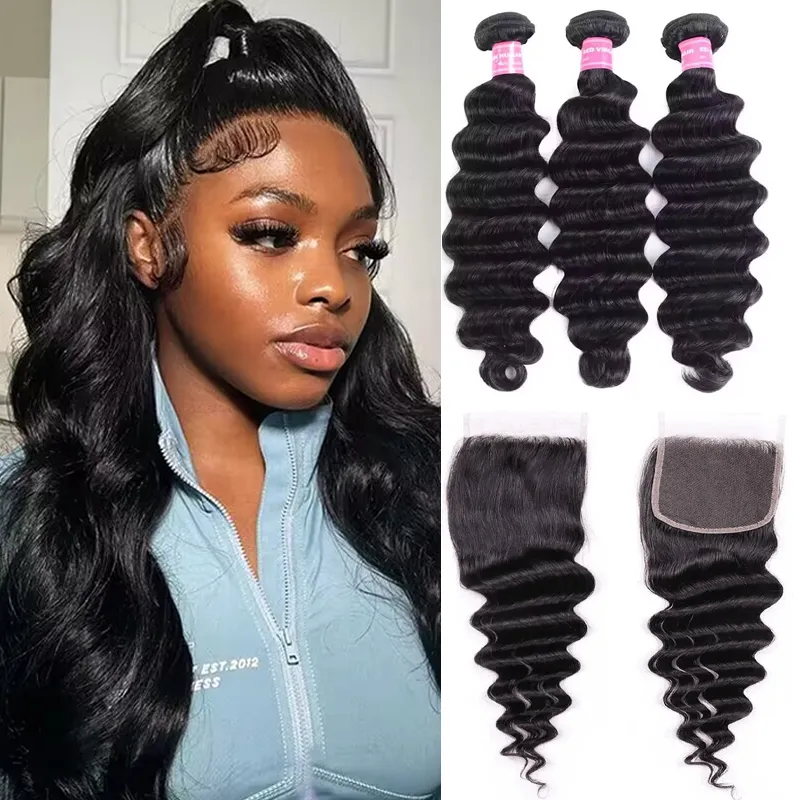 Sterly Unprocessed Loose Deep Wave Virgin Hair 3 Bundles with 4×4 Lace Closure Hand-tied