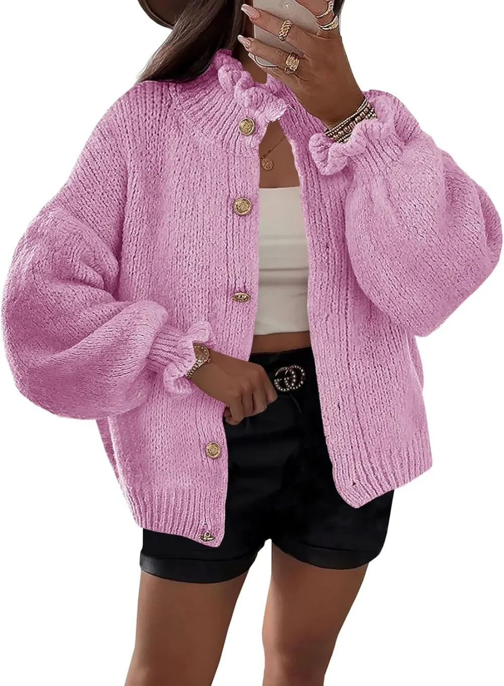 🎄Hot Sale Ruffle Cardigan Oversized Button Up Ribbed Knit Open Front Long Sleeve Loose Sweater