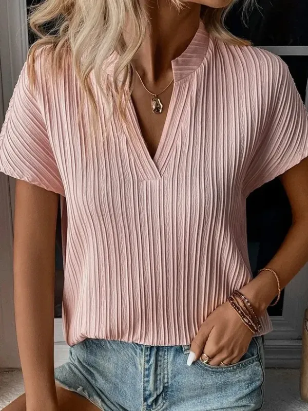 Loose Casual V Neck Plain Blouse