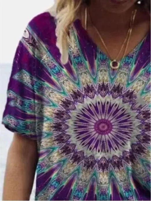 Women Short Sleeve V-Neck Tie-dye Printed Tops