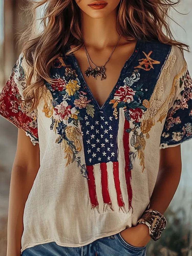 Women's Flag Floral Print V-neck T-shirt