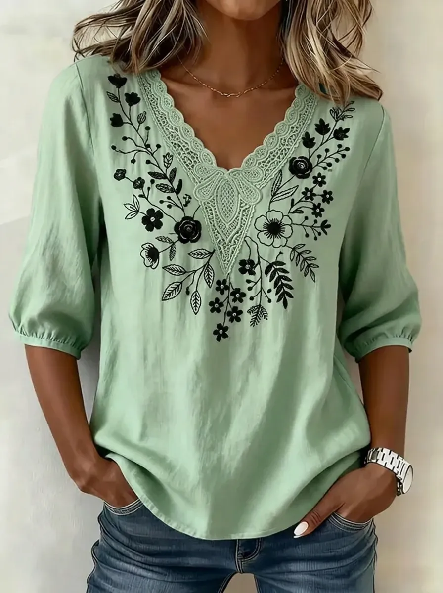 Women's Nashville Floral Embroidery Printed V-Neck Top