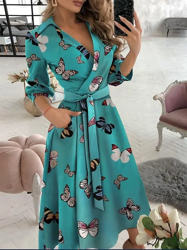 Women‘s A Line Dress Midi Dress Tie dye Letter printing Butterfly print Big wave point Small dots Diamond printing Black khaki Sky Blue Red Long Sleeve Print Butterfly Pure Color Lace up Pocket