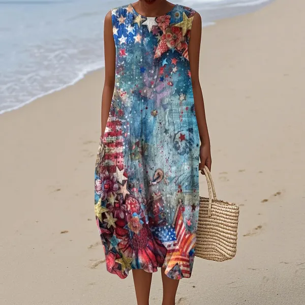 Women's Vintage Independence Day Print Midi Dress