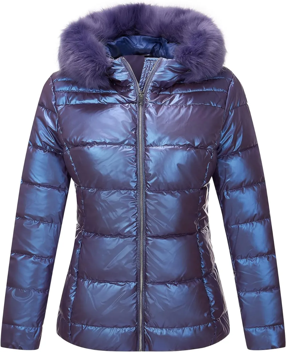 Womens Lightweight Puffer Jacket, Winter Coats for Women Warm Quilted Bubble Padded Hood Coat with Faux Fur Collar