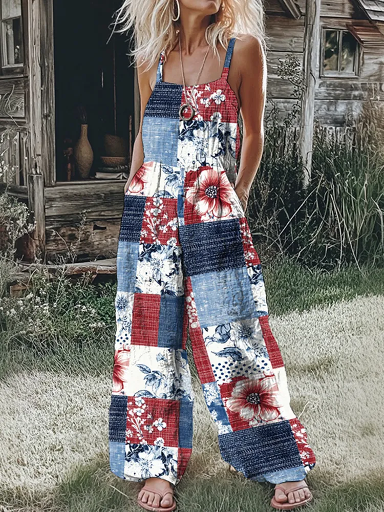 Women's Vintage Independence Day Floral Art Casual Jumpsuit