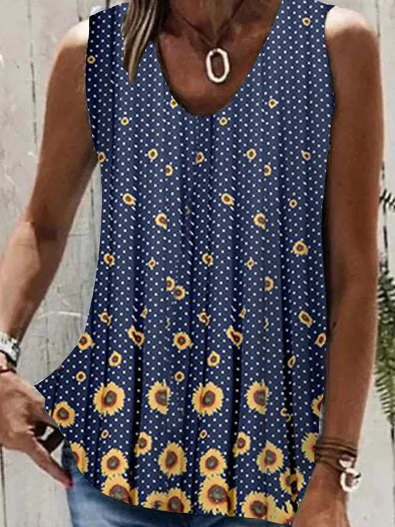 Women Sleeveless V-neck Floral Printed Polka Dot Tops