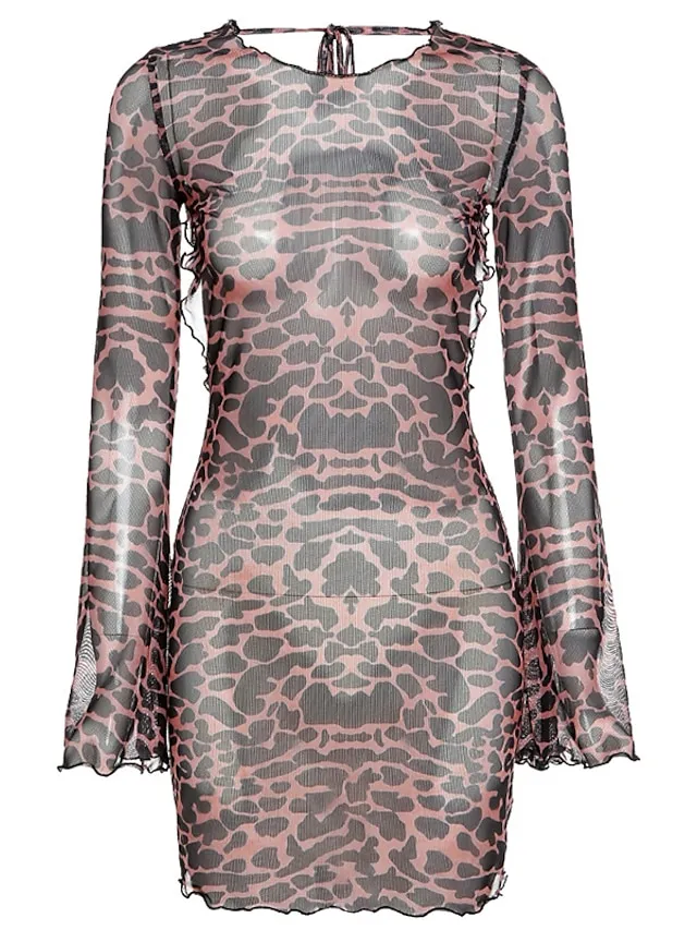 Women's Party Dress Sheath Dress Sexy Dress Mini Dress Brown Long Sleeve Leopard Backless Summer Spring Crew Neck Hot Vacation Summer Dress Slim 2023 S M L