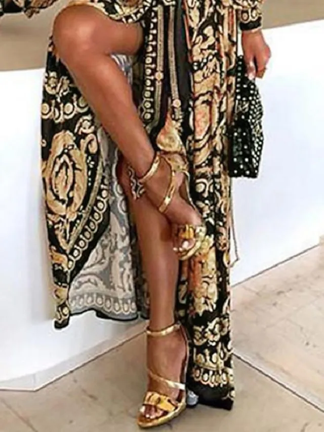 Women's Casual Dress Swing Dress Wrap Dress Long Dress Maxi Dress Blue Yellow Gray Long Sleeve Floral Lace up Winter Fall Spring V Neck Fall Dress 2022 S M L XL XXL 3XL