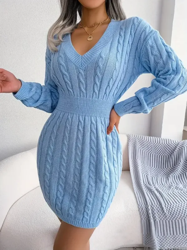 Cable Knit Sweater Dress, Casual V Neck Long Sleeve Bag Hip Dress, Women's Clothing