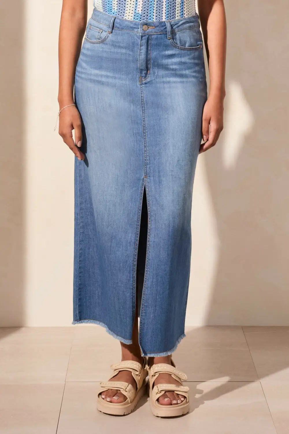 Full Length Slit-Accent Denim Skirt-Coastline