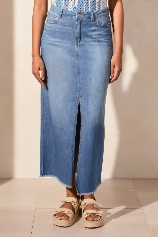 Full Length Slit-Accent Denim Skirt-Coastline