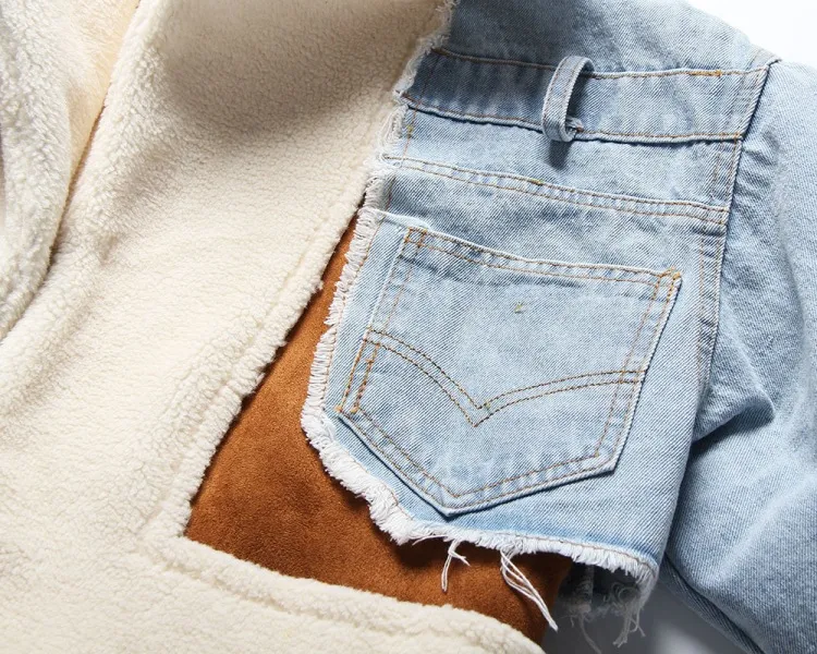 Fashion Plush Denim Stitching Lamb Wool Liner Thickened Short Jacket