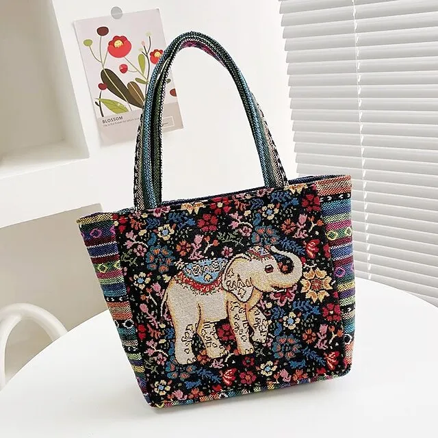 Women's Girls' Tote Polyester Daily Office & Career Cartoon Artwork Floral Print Rabbit Peacock blue striped kitten
