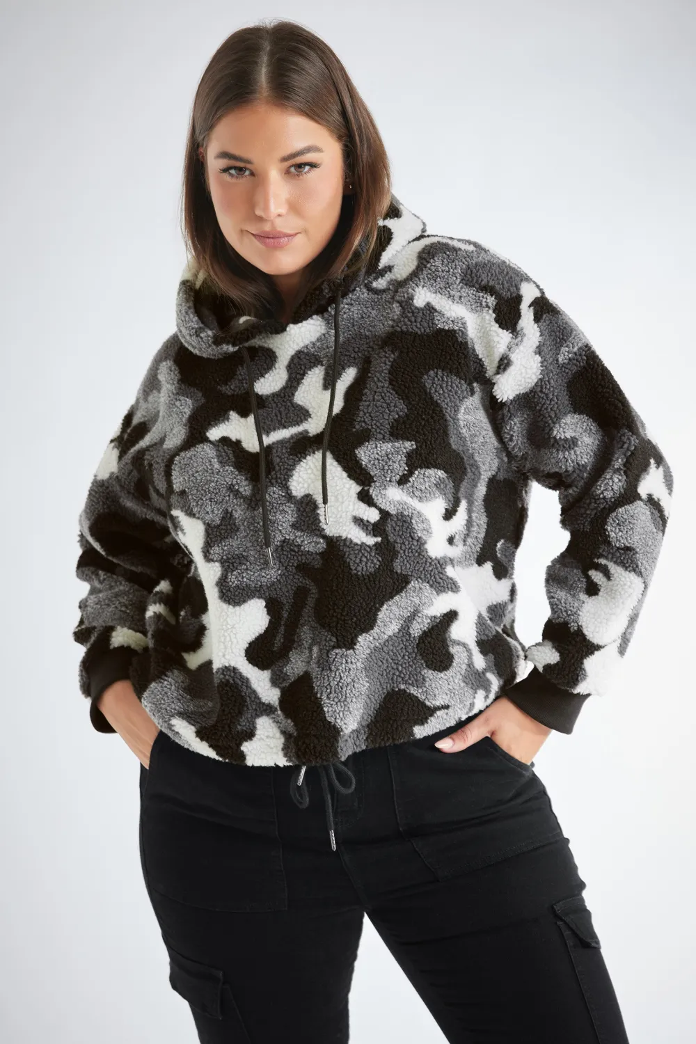 YOURS Curve Grey Camo Print Cropped Fleece Hoodie
