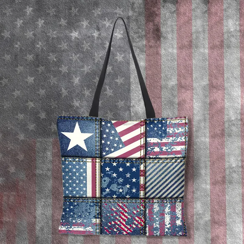 Independence Day Denim Patchwork Print Canvas Bag