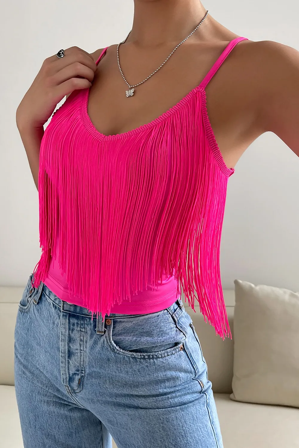 Summer Beach Solid Fringe Trim Cami Bodycon Top