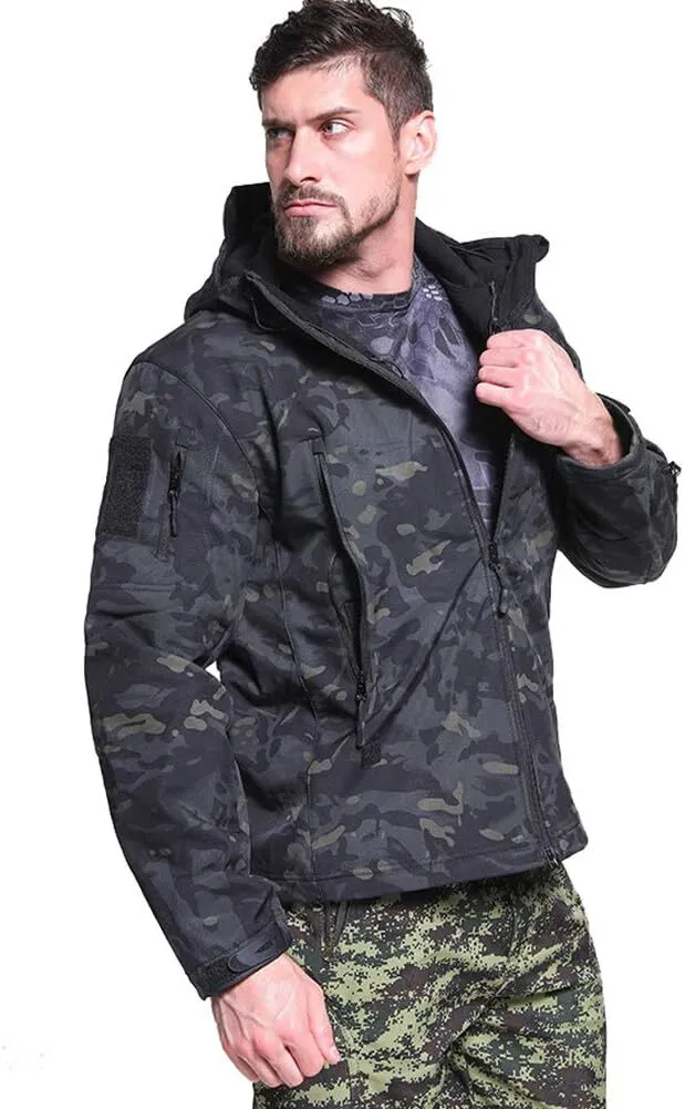 Men's Camo Quiet Hunting Jacket Waterproof Softshell Fleece Lined Camouflage Outdoor Hiking Fishing Coat