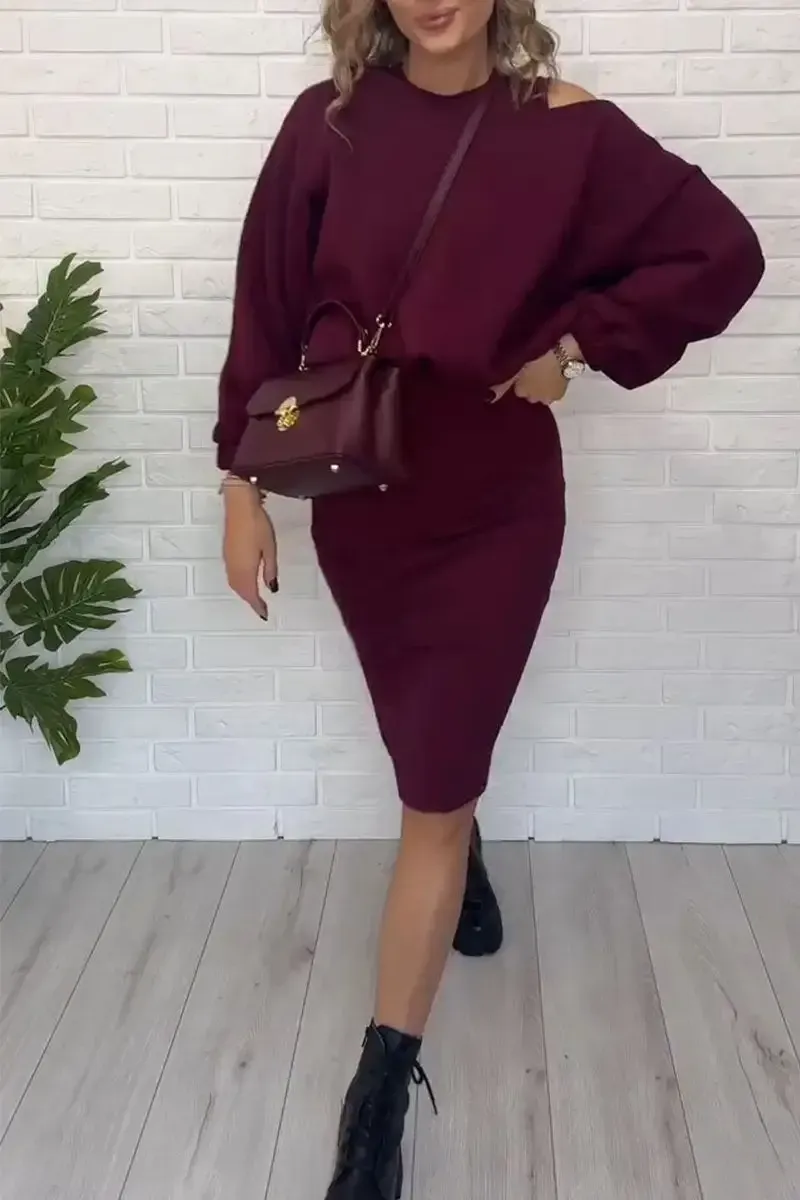 Women's Long-sleeved Off-shoulder Sweatshirt and Vest Skirt Two-piece Set