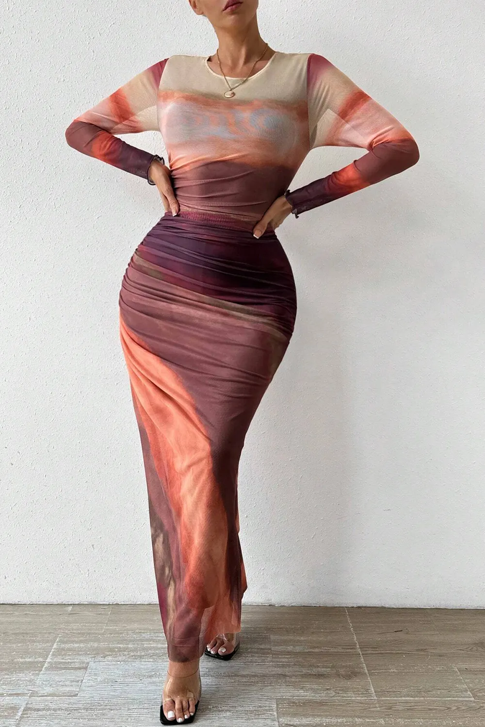 Women's Tie Dye Long Sleeve Pleated Dress Multicolor