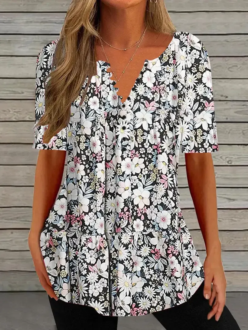 Women Half Sleeve V-neck Floral Printed Tops