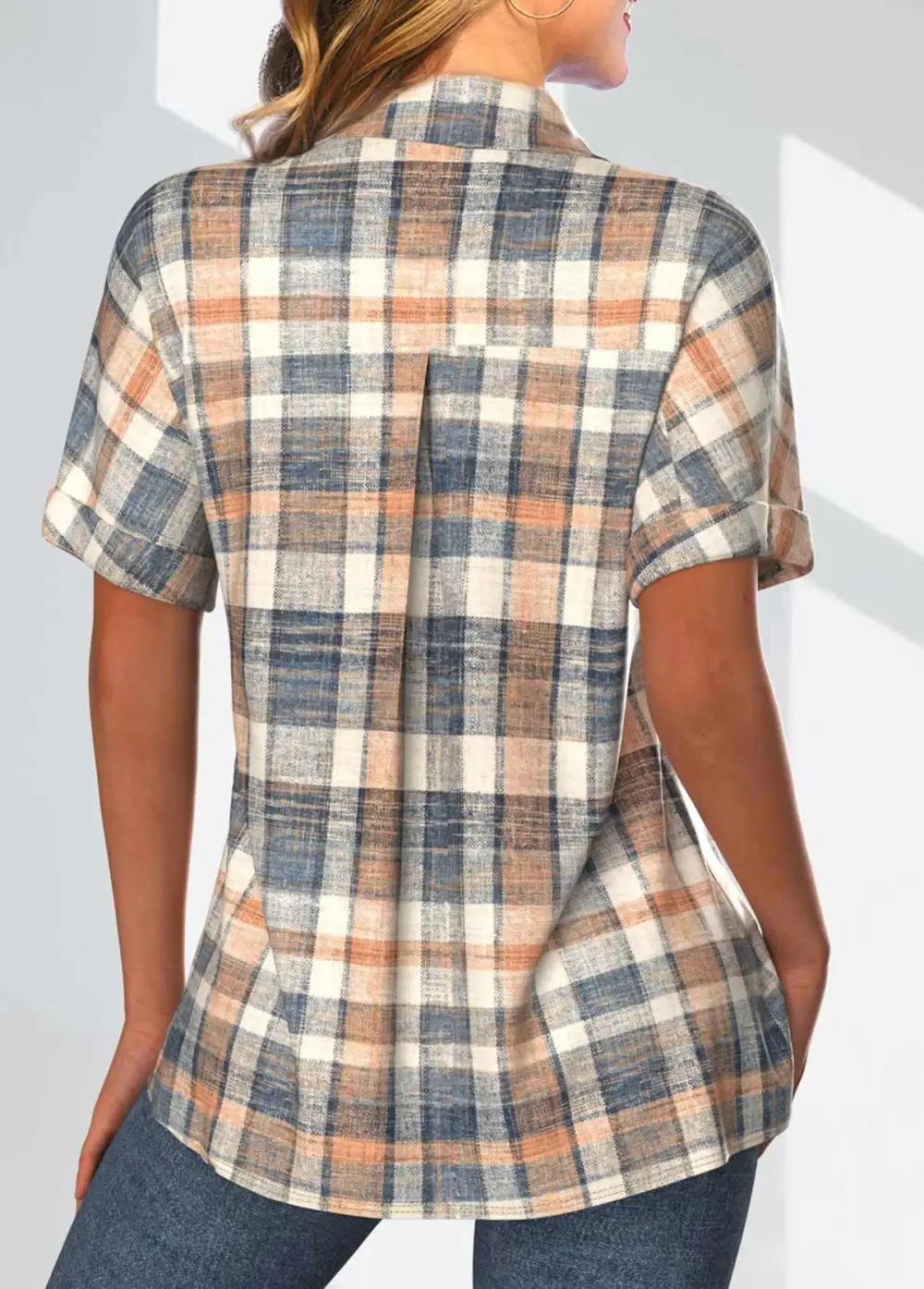 Multi Color Button Plaid Short Sleeve Blouse