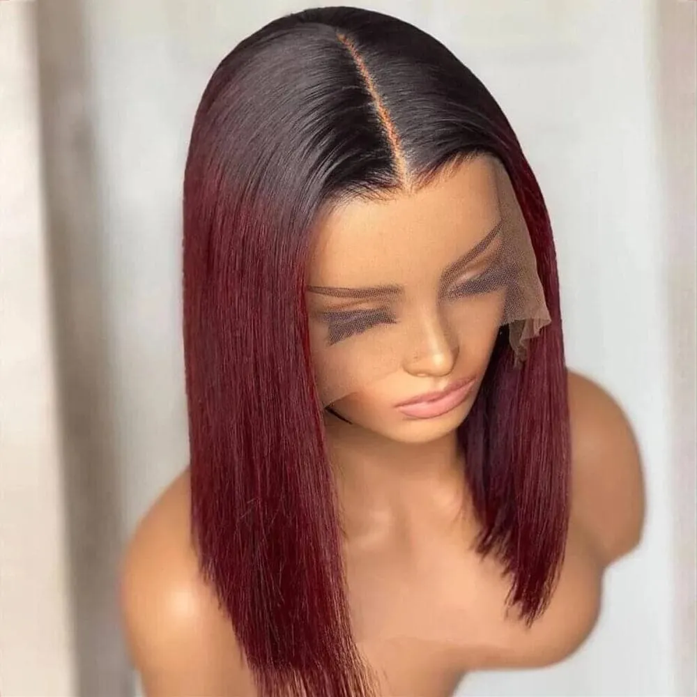 Sterly 1B/99J Burgundy Ombre 13x6 Lace Front Wig Straight Human Hair Bob Wigs for Black Women