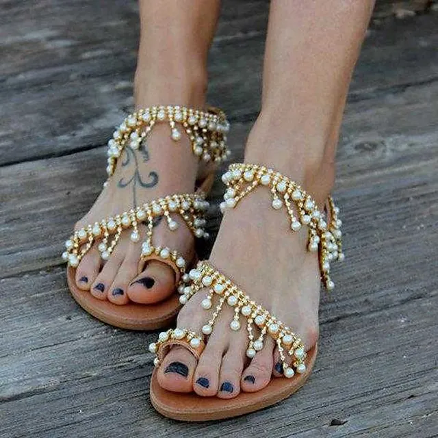 Women's Sandals Boho Bohemia Beach Plus Size Wedding Party Outdoor Summer Imitation Pearl Flat Heel Open Toe Cute Elegant Casual Faux Leather Loafer Brown