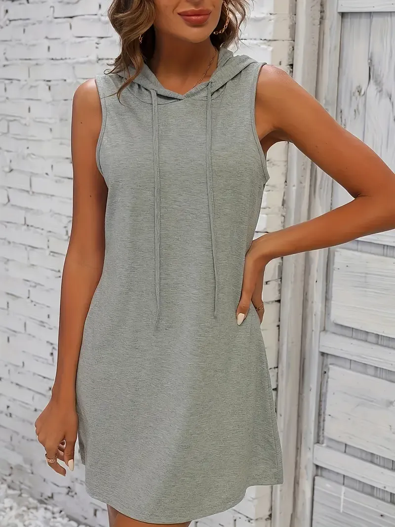 Drawstring Sleeveless Hooded Dress - Casual Dress For Spring & Summer - Women's Clothing - Lightweight & Breathable Fabric - Perfect for Casual Outings & Everyday Wear - Ideal Gift for Women