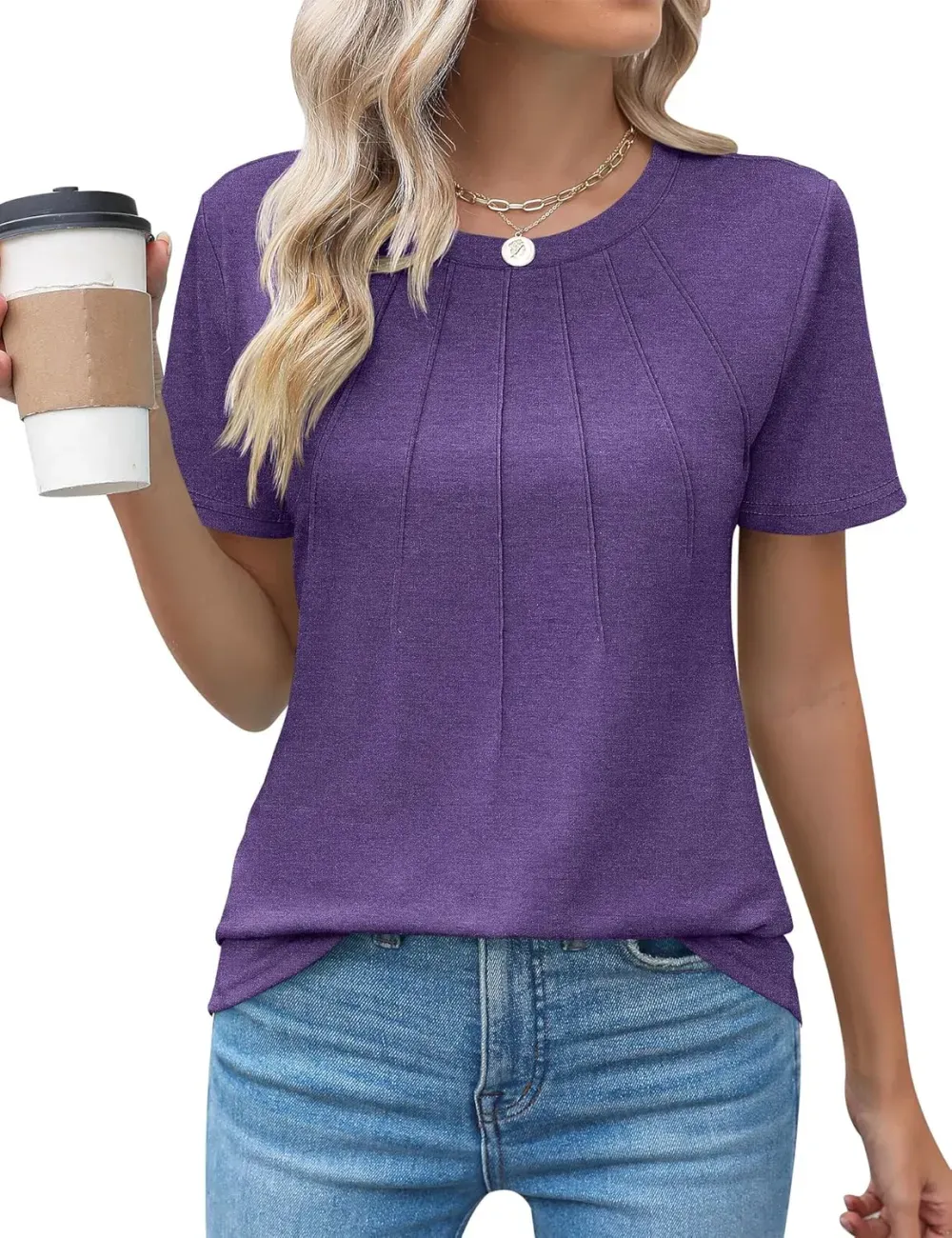 Kistore Womens Casual Crew Neck Short Sleeve Pleated Tops Blouses Fashion Clothes 2024