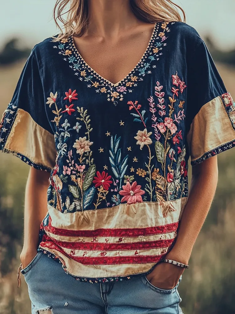Women's Vintage Independence Day Flag Floral Embroidery Print V-neck Linen Blend T-shirt