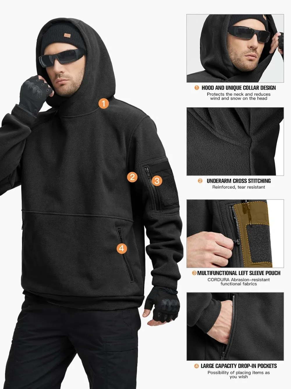 Men's Tactical Winter Fleece Pullover Hoodie Warm Long Fleece lined Hooded Sweatshirt