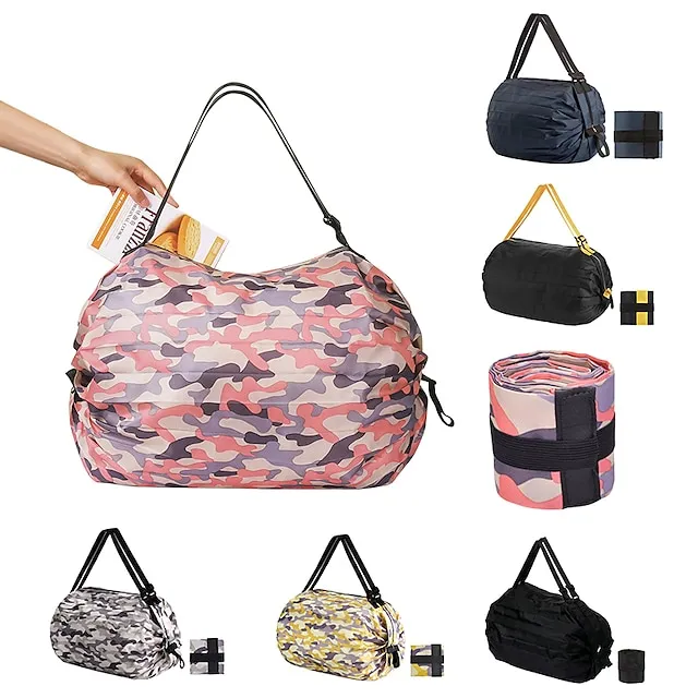 Women's Shoulder Bag Duffle Bag Nylon Shopping Daily Zipper Large Capacity Waterproof Foldable Solid Color Geometric Color Block Pink camouflage Diamond pattern Yellow dots