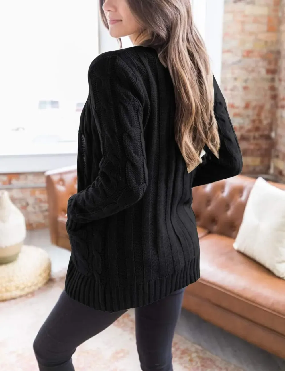 MEROKEETY Women's 2024 Fall Long Sleeve Cable Knit Sweater Open Front Cardigan Button Loose Outerwear