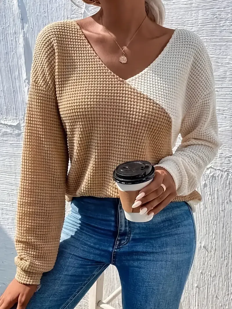 Color Block Twist Back Top, Versatile V-neck Top For Spring & Fall, Women's Clothing