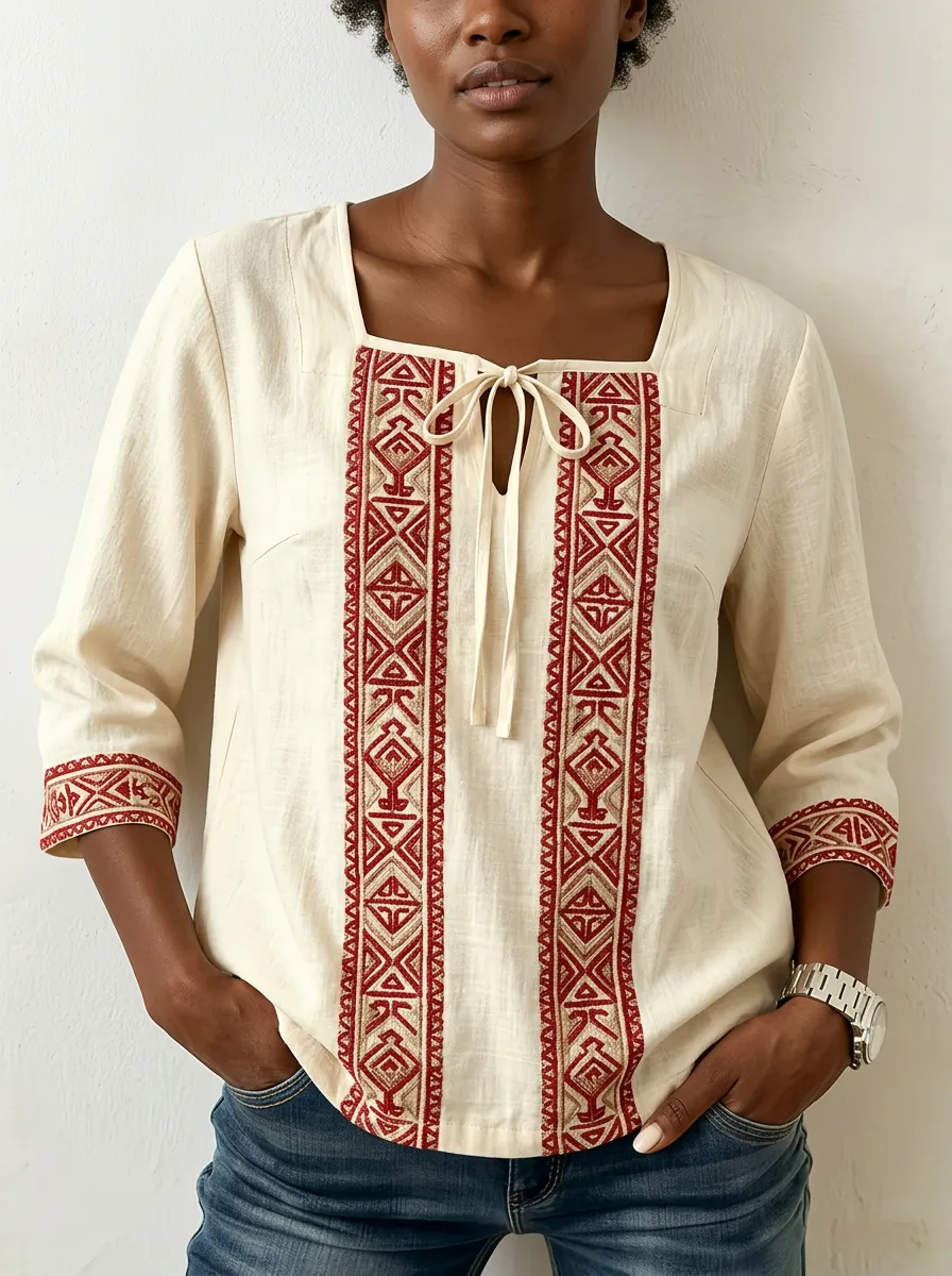 Women's Nashville Western Geometric Embroidered Printed Top