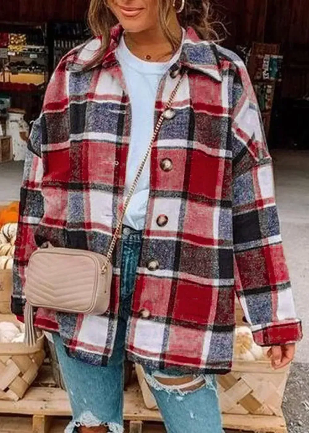 Women's 2023 Fall Clothes Plaid Shacket Jacket Long Sleeve Button Down Flannel Shirts Fashion Blouse